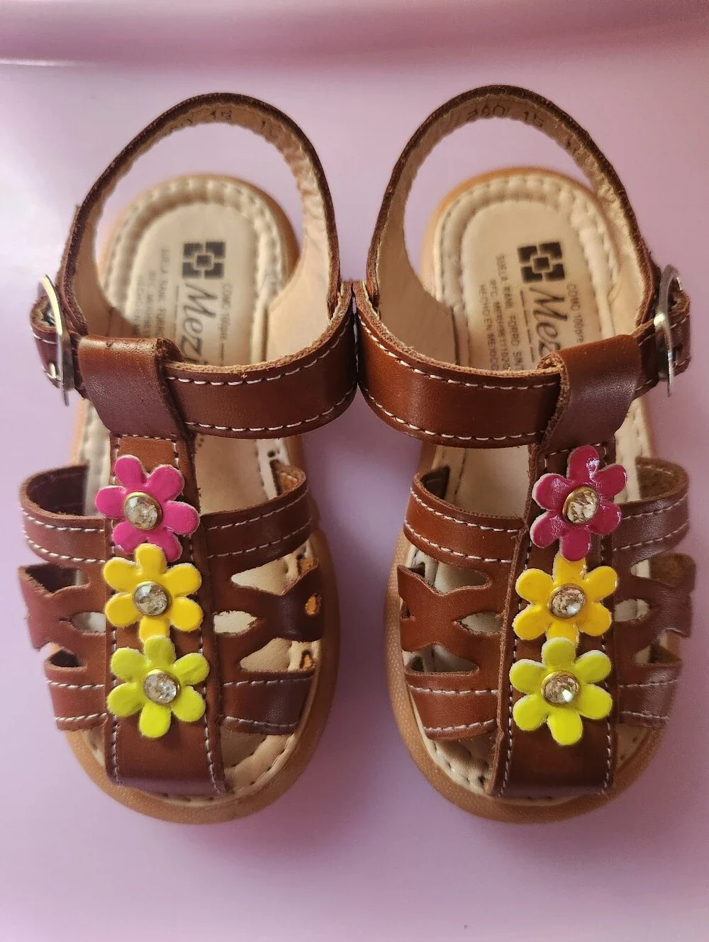 Mezitas - Brown Girls Sandals with Pink & Yellow Flower Accents - Toddler Size 8